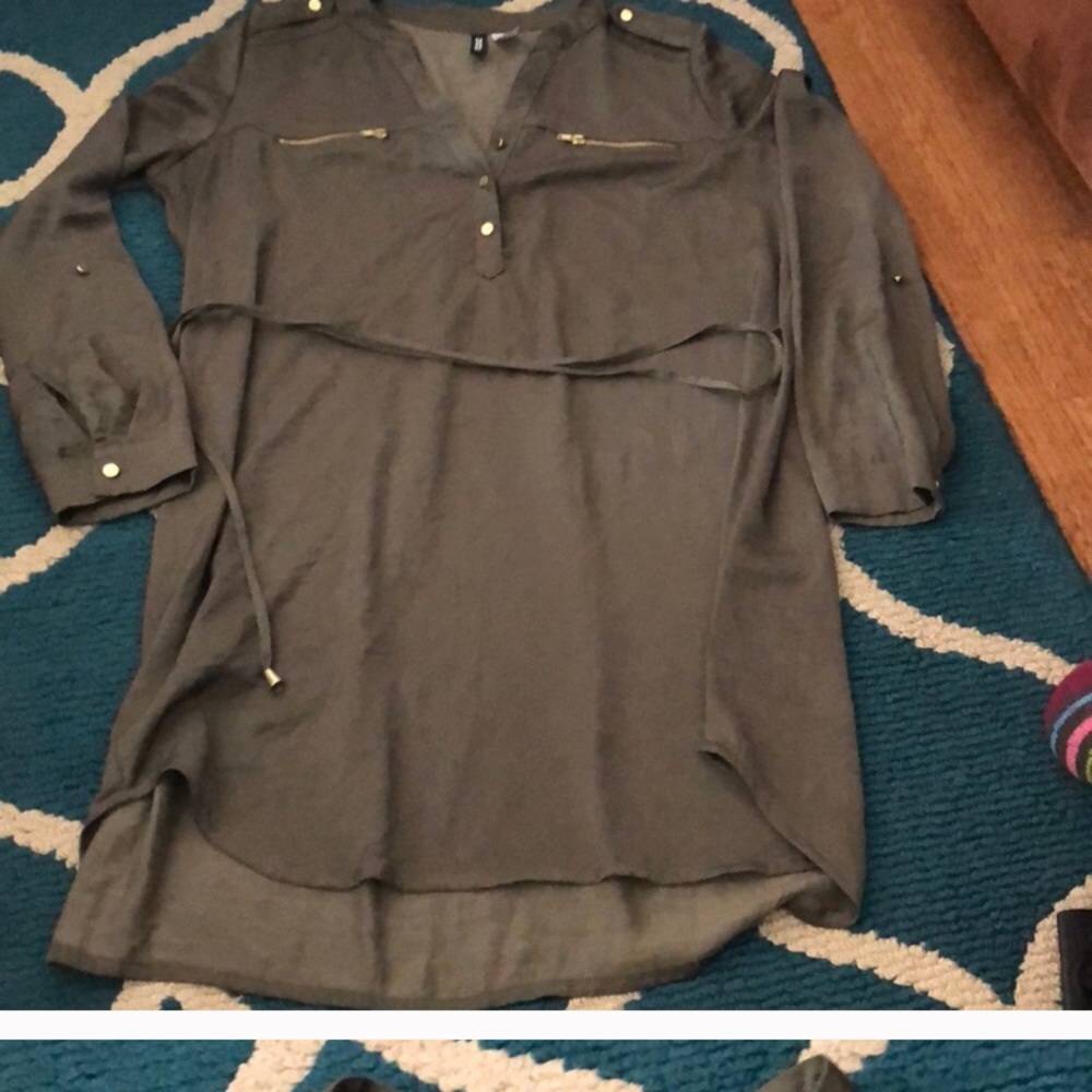 Green utility jacket and green tunic dress